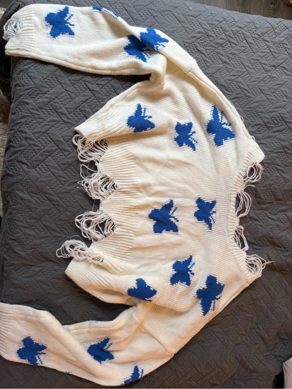 Cream Sweater with Blue Butterfly Motif - Women's Knit Sweater